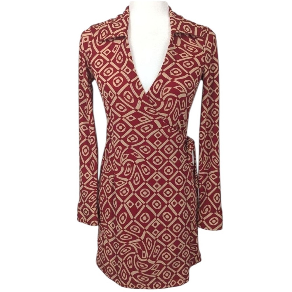 Johnny Was red and tan geometric print long sleeve wrap dress vintage 70s boho - Picture 1 of 15
